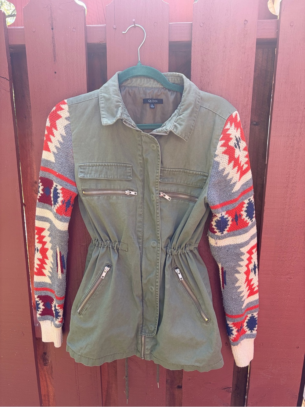 Quinn Olive Utility Jacket with Red & Blue Aztec Knit Sleeves